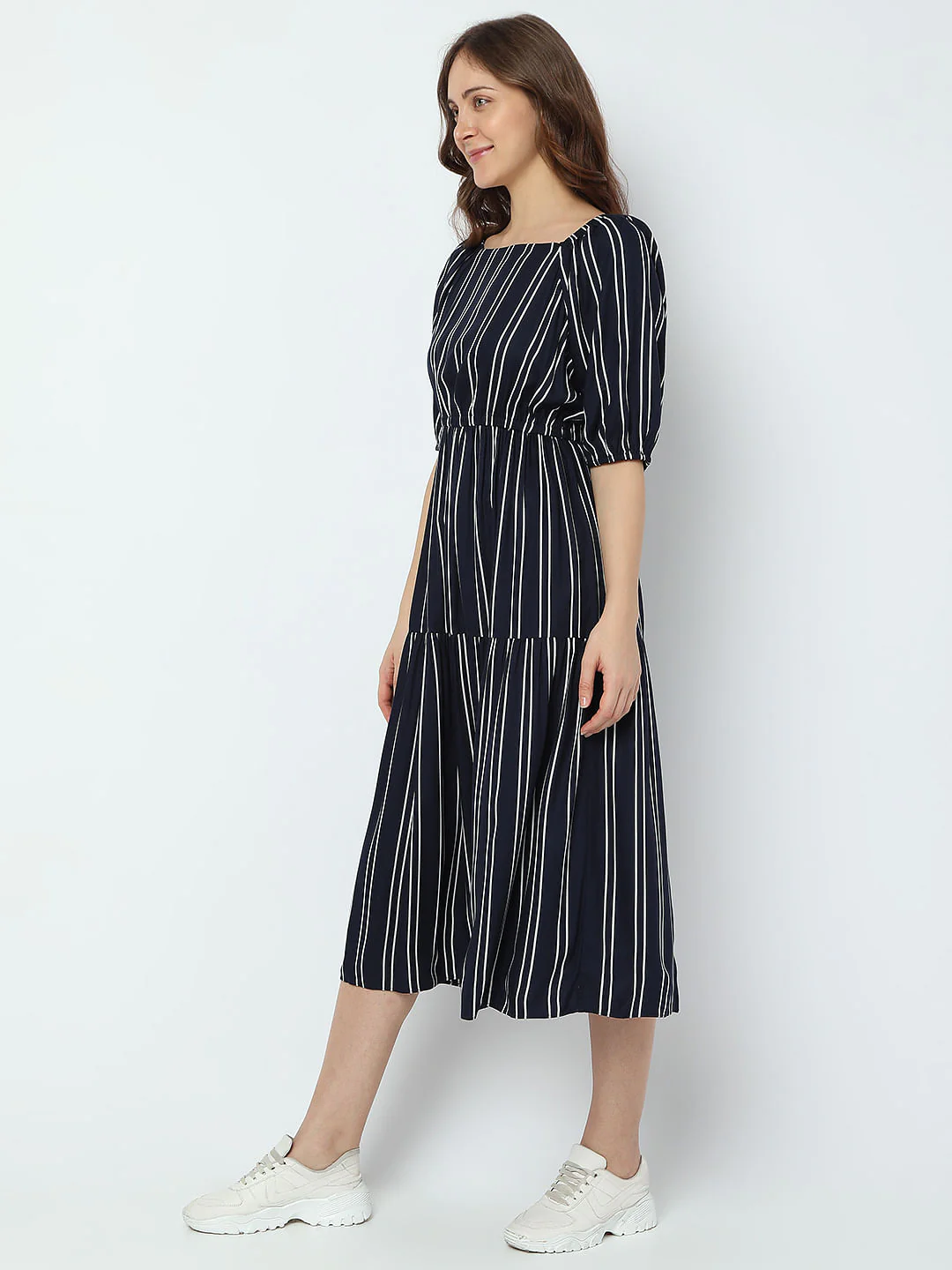 Navy Blue Striped Midi Dress - Image 3