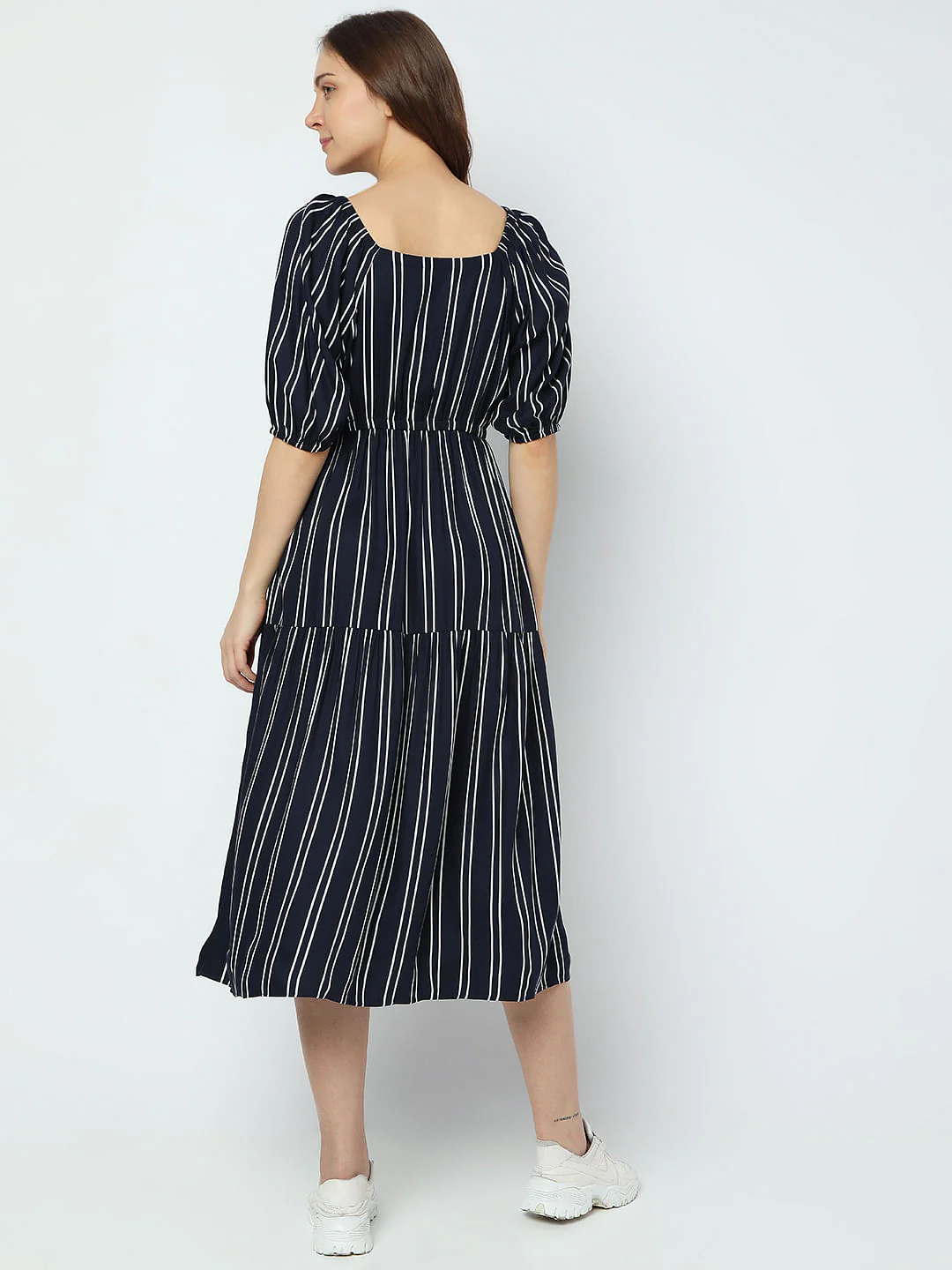 Navy Blue Striped Midi Dress - Image 4