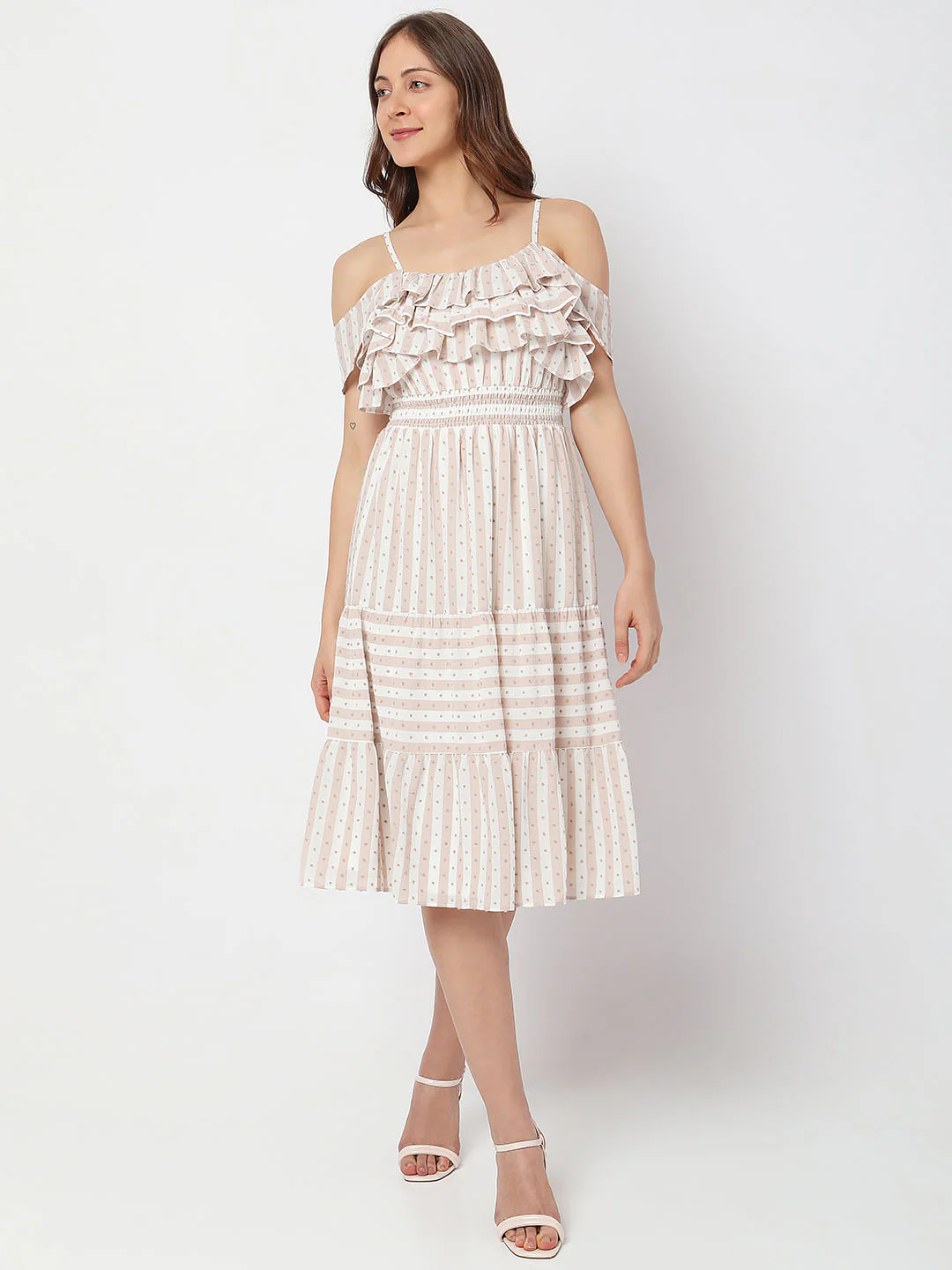 Beige Printed Cold-Shoulder Midi Dress - Image 2