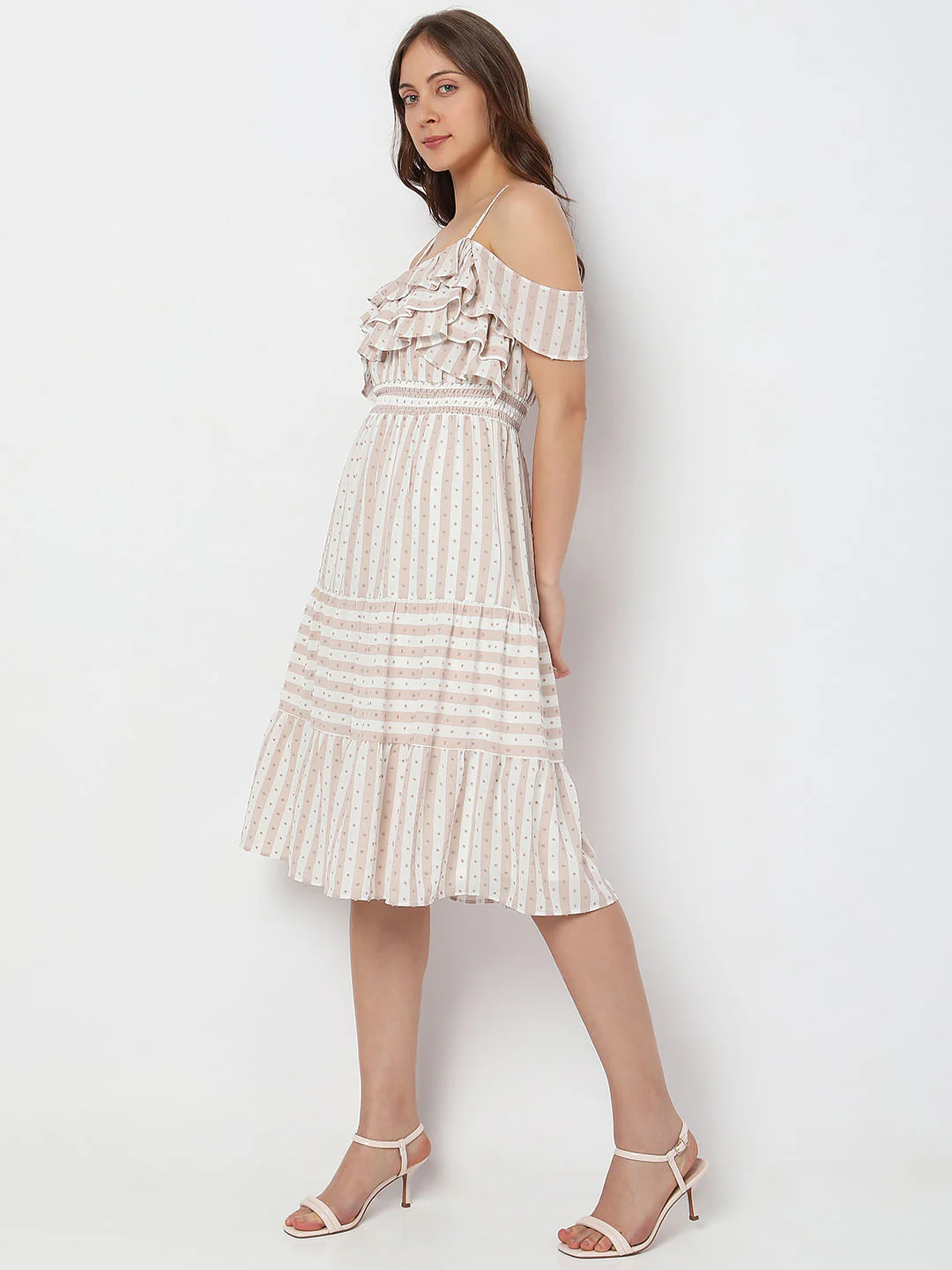 Beige Printed Cold-Shoulder Midi Dress - Image 3