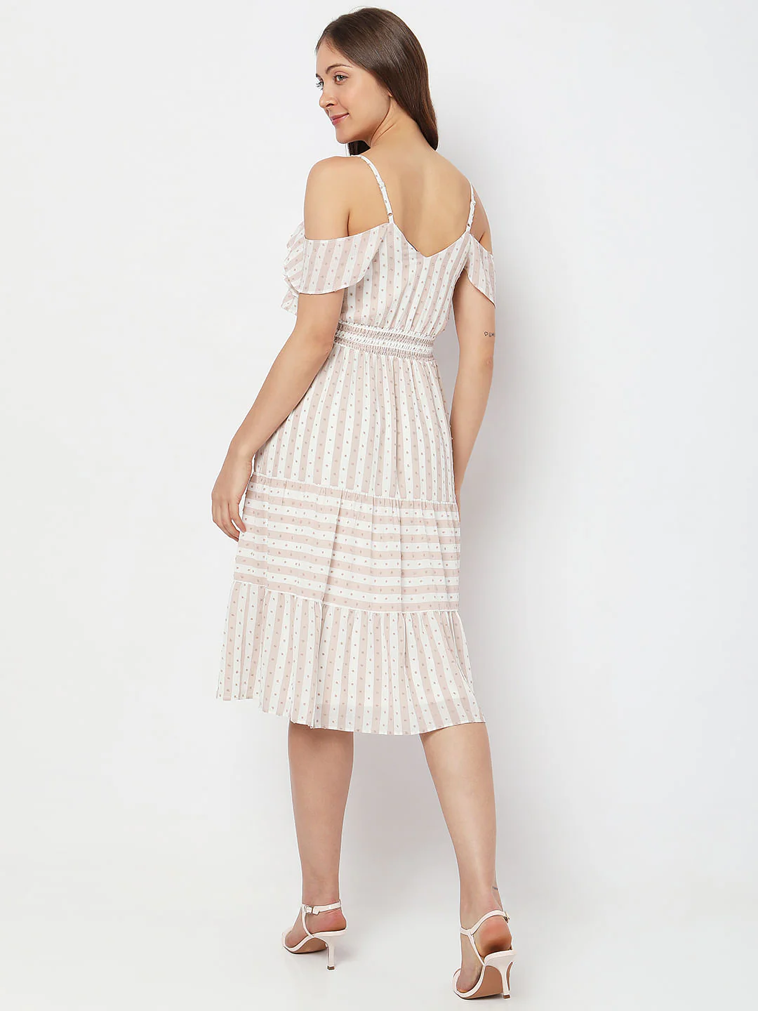 Beige Printed Cold-Shoulder Midi Dress - Image 4
