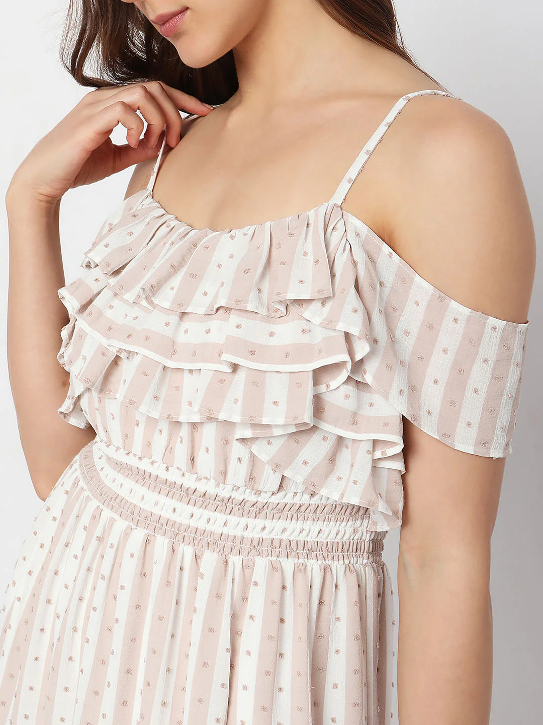 Beige Printed Cold-Shoulder Midi Dress - Image 5