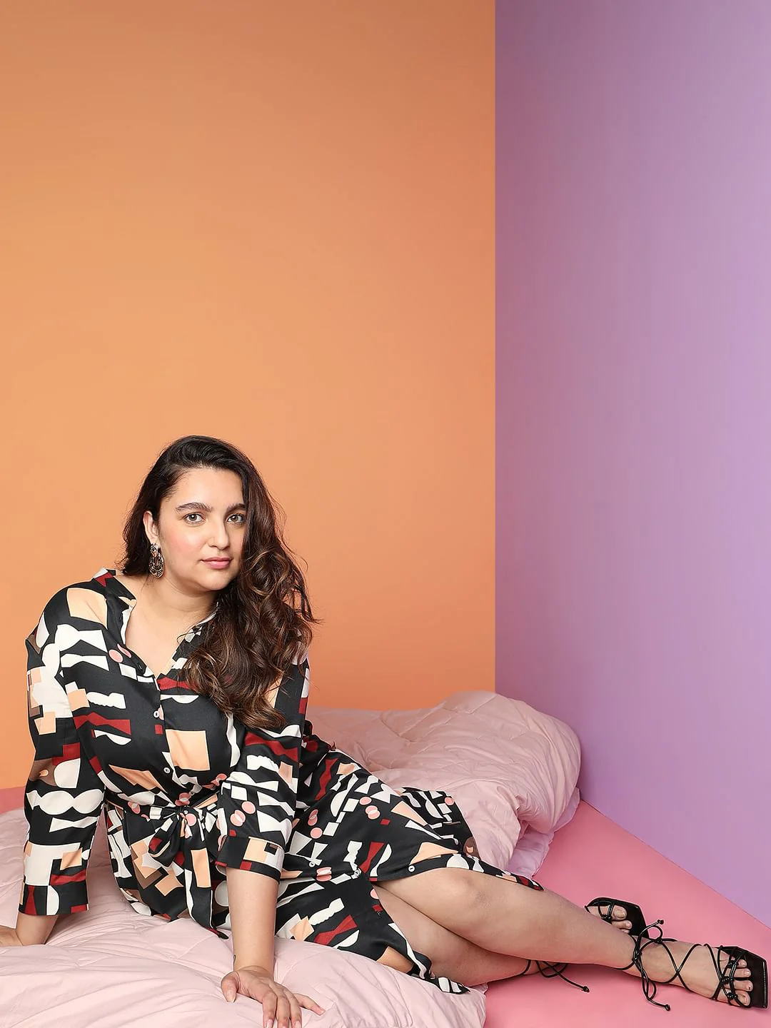 Curve Black Printed Midi Shirt Dress