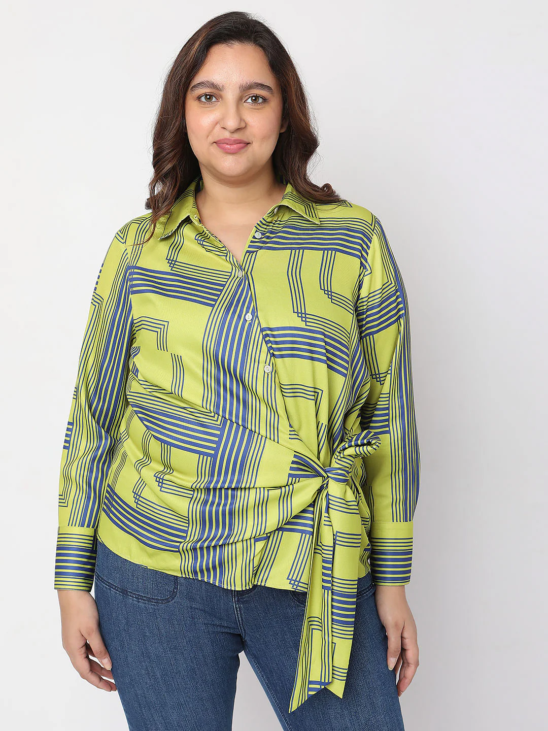 Curve Green Printed Front Knot Shirt - Image 2