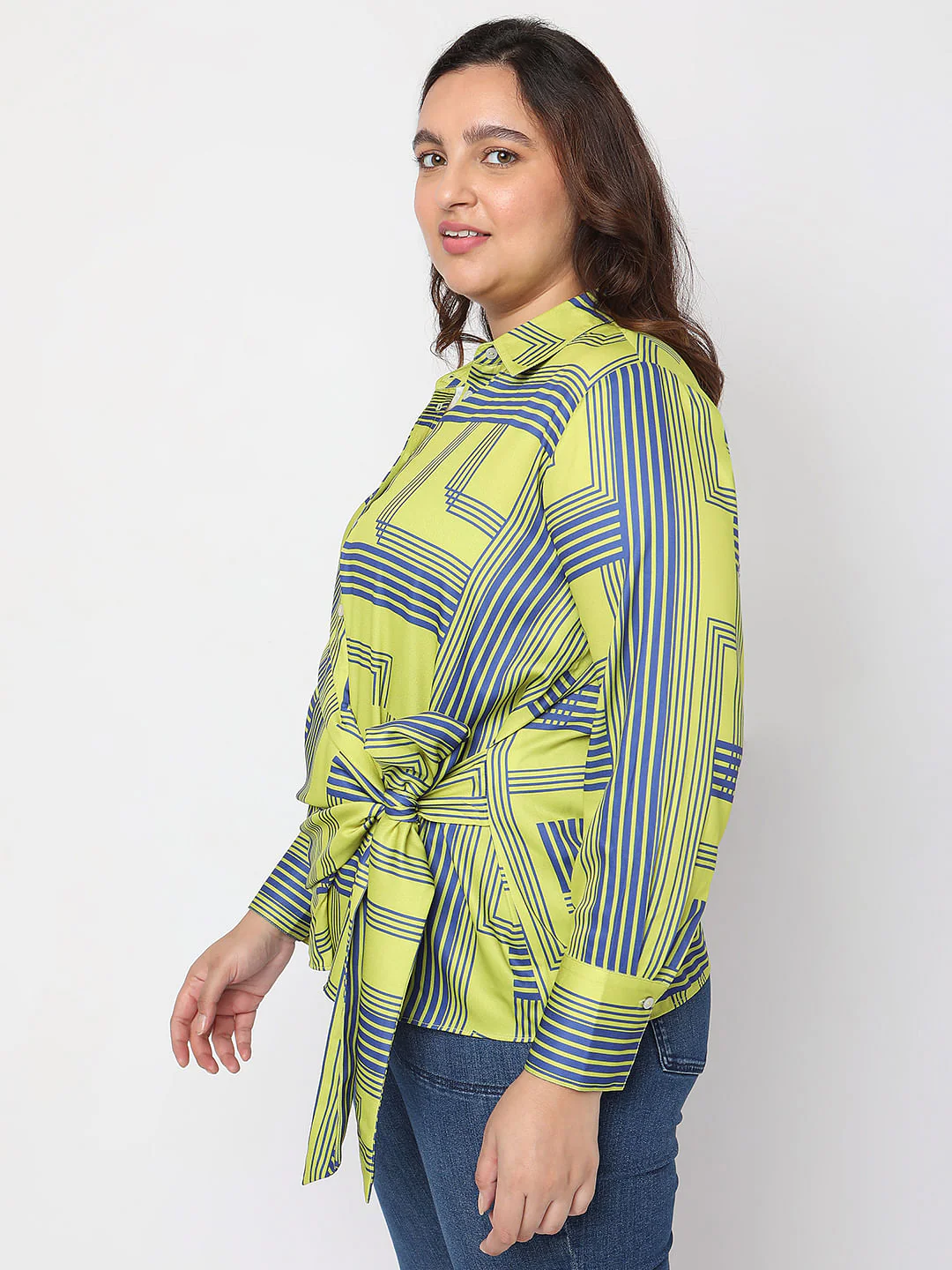 Curve Green Printed Front Knot Shirt - Image 3
