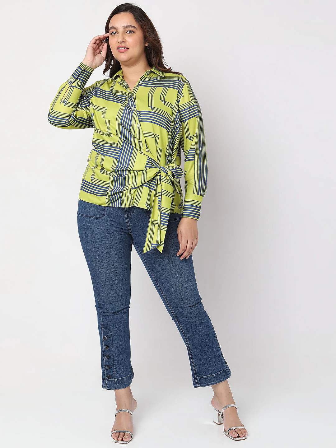 Curve Green Printed Front Knot Shirt - Image 5