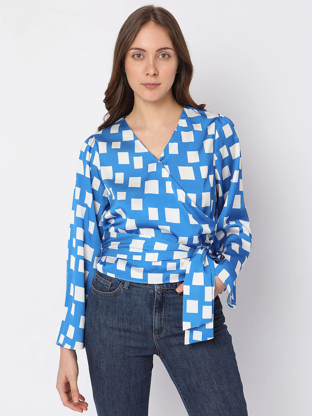Blue Printed Wrap-Over Top - Image 2