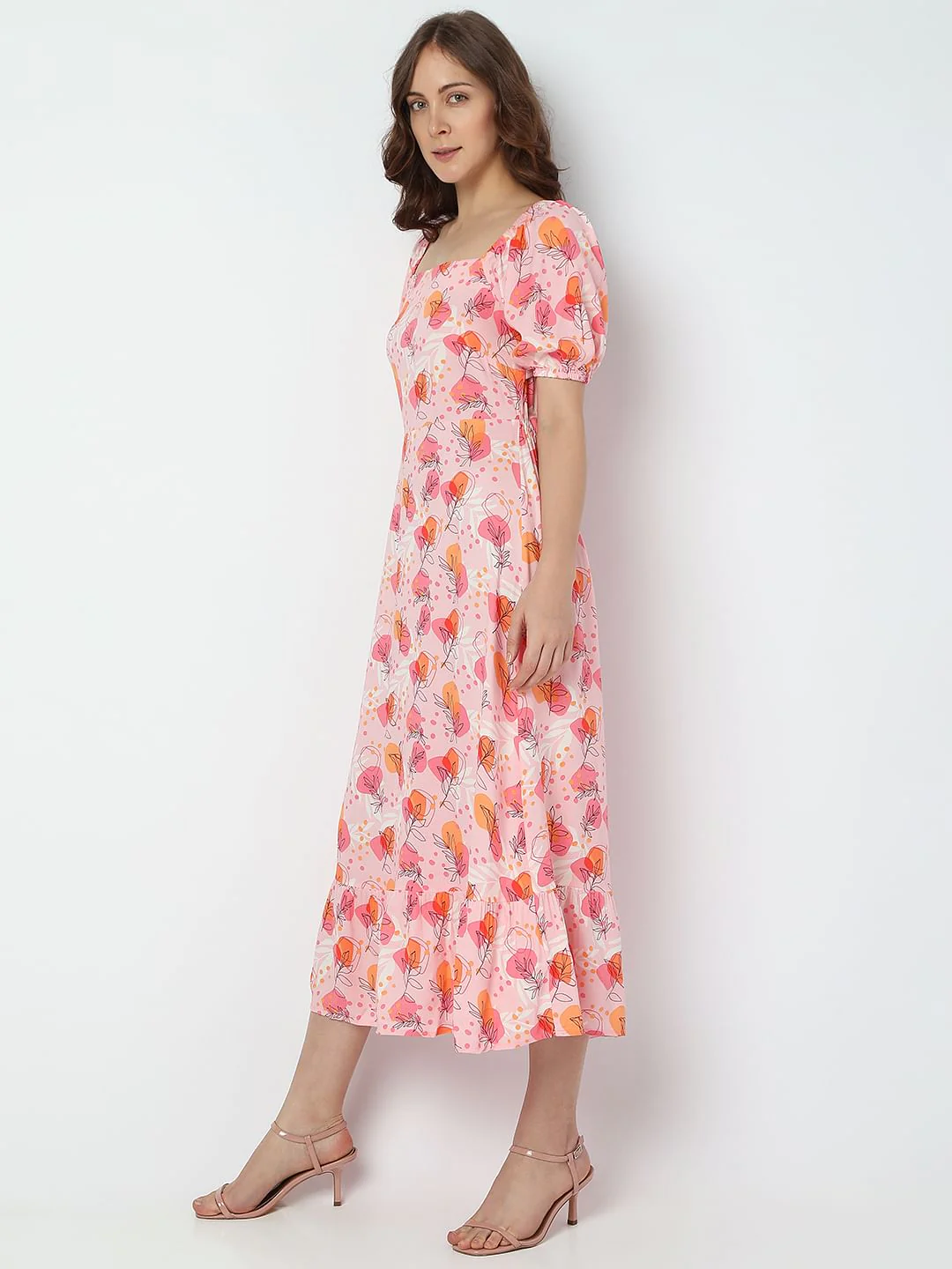 Pink Floral Tie-Up Midi Dress - Image 3