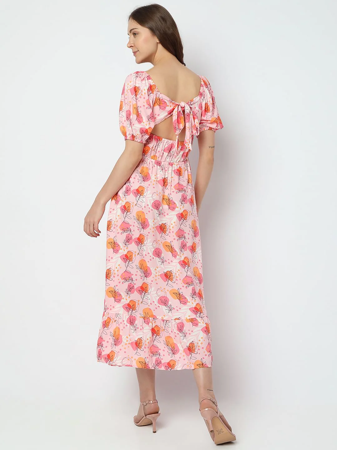 Pink Floral Tie-Up Midi Dress - Image 4