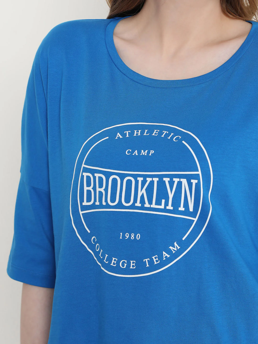 Blue Text Print T-Shirt - Image 5