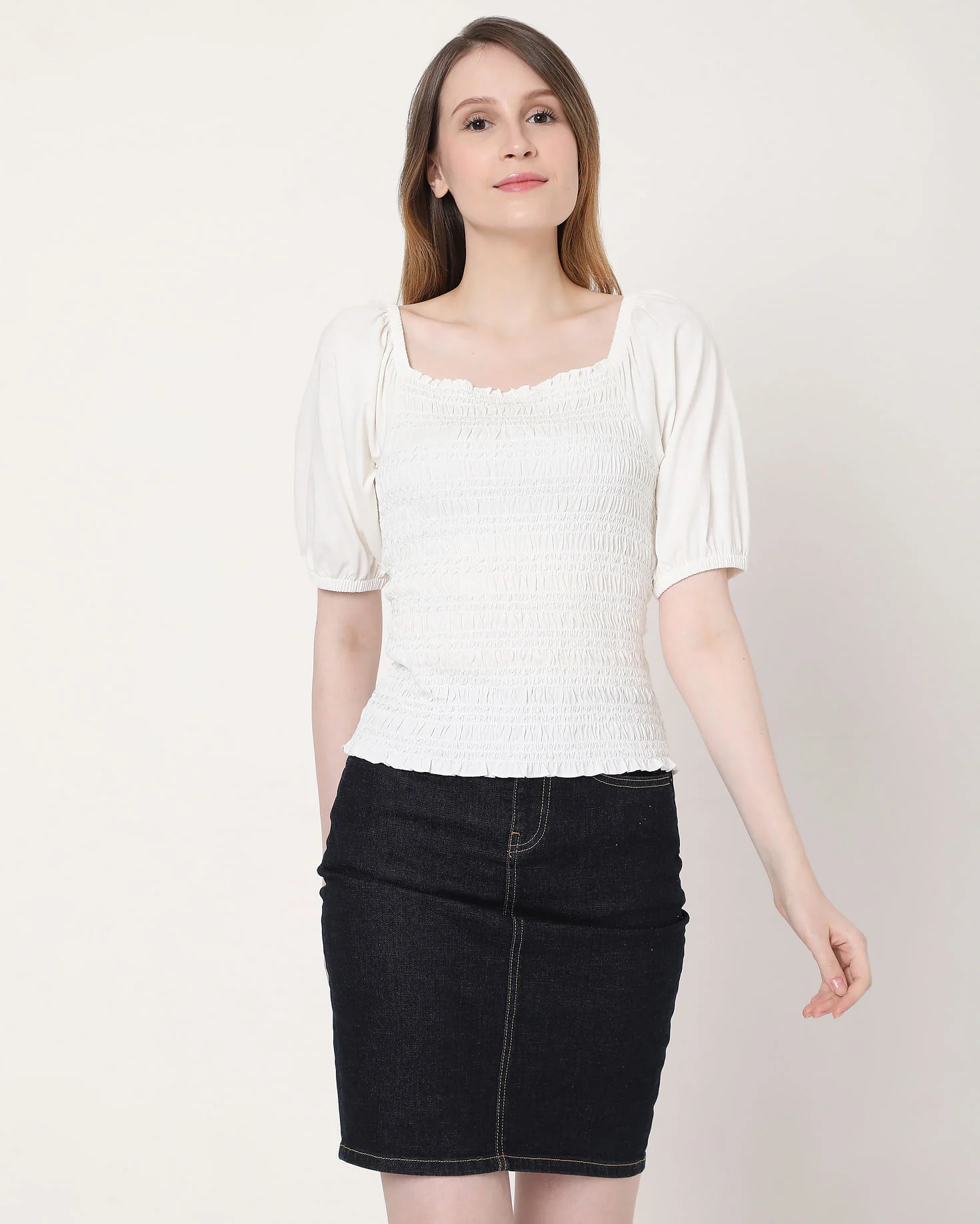 White Smocked Puff Sleeves Top