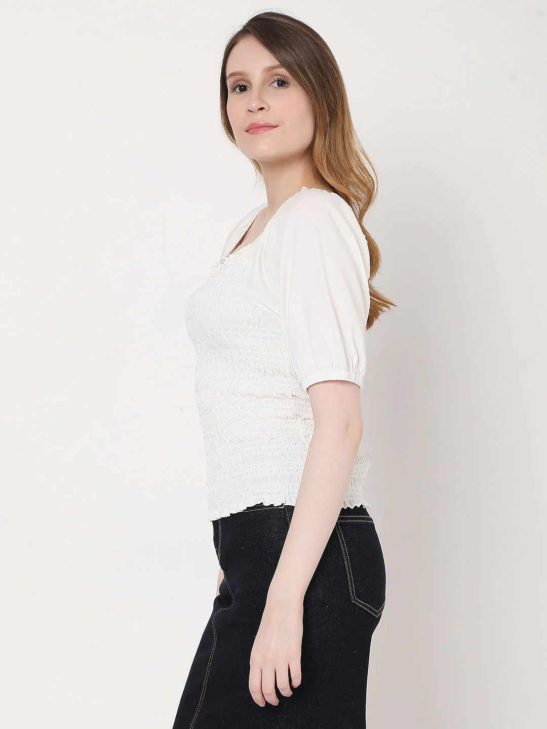 White Smocked Puff Sleeves Top - Image 2