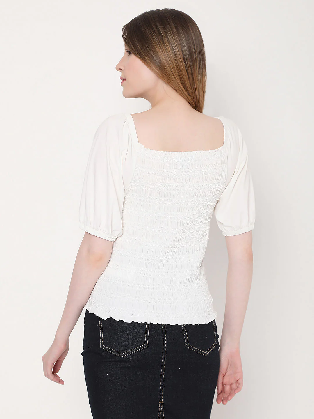 White Smocked Puff Sleeves Top - Image 3