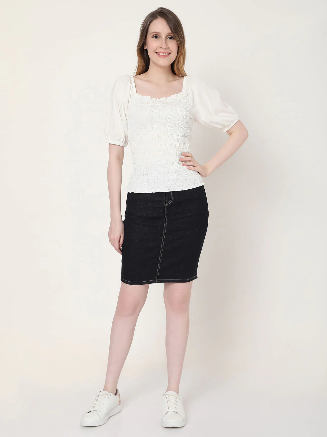 White Smocked Puff Sleeves Top - Image 4