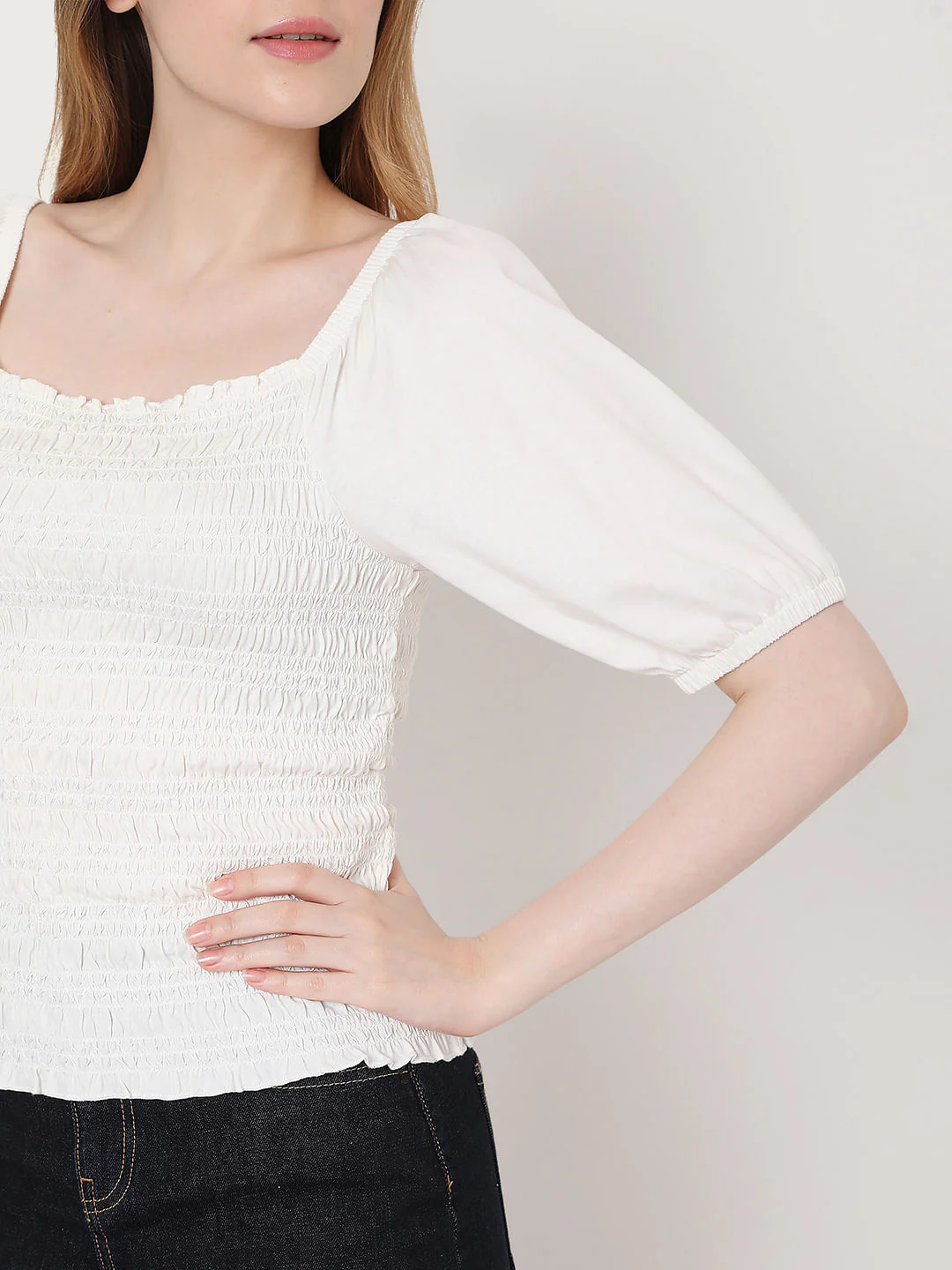 White Smocked Puff Sleeves Top - Image 5