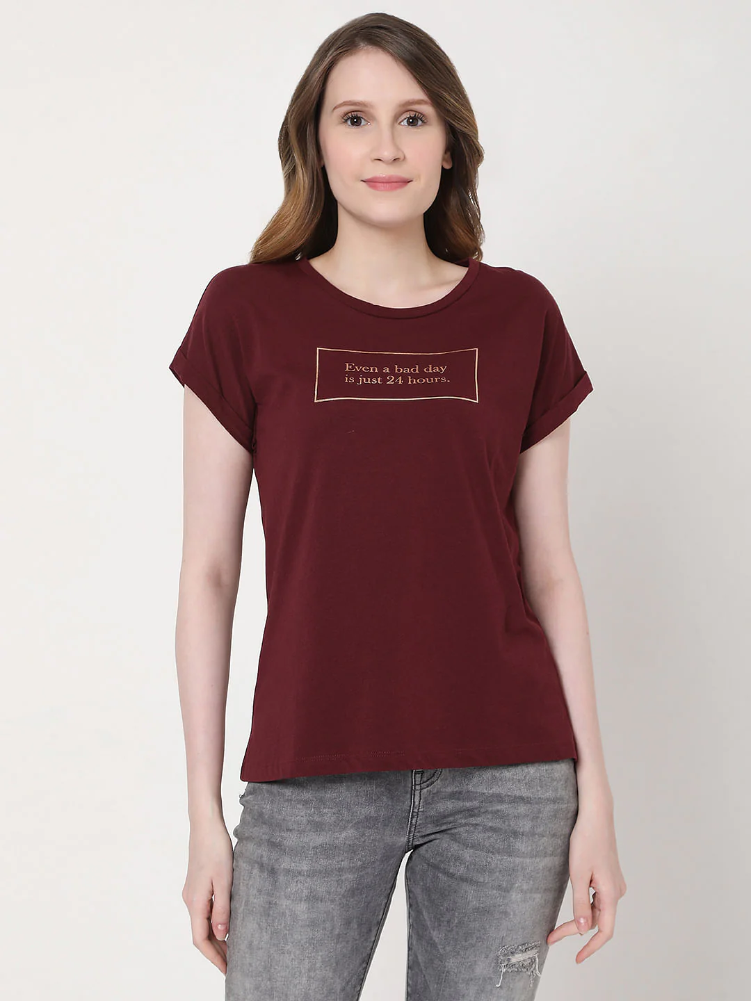 Maroon Slogan Print T-Shirt