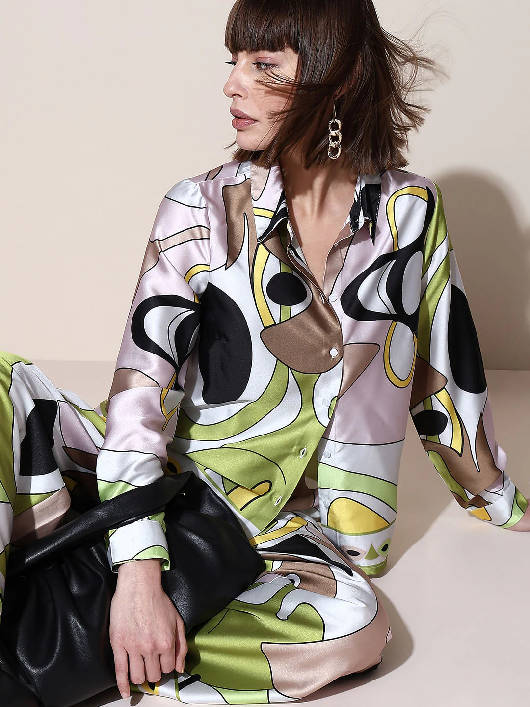 Green Abstract Print Satin Shirt