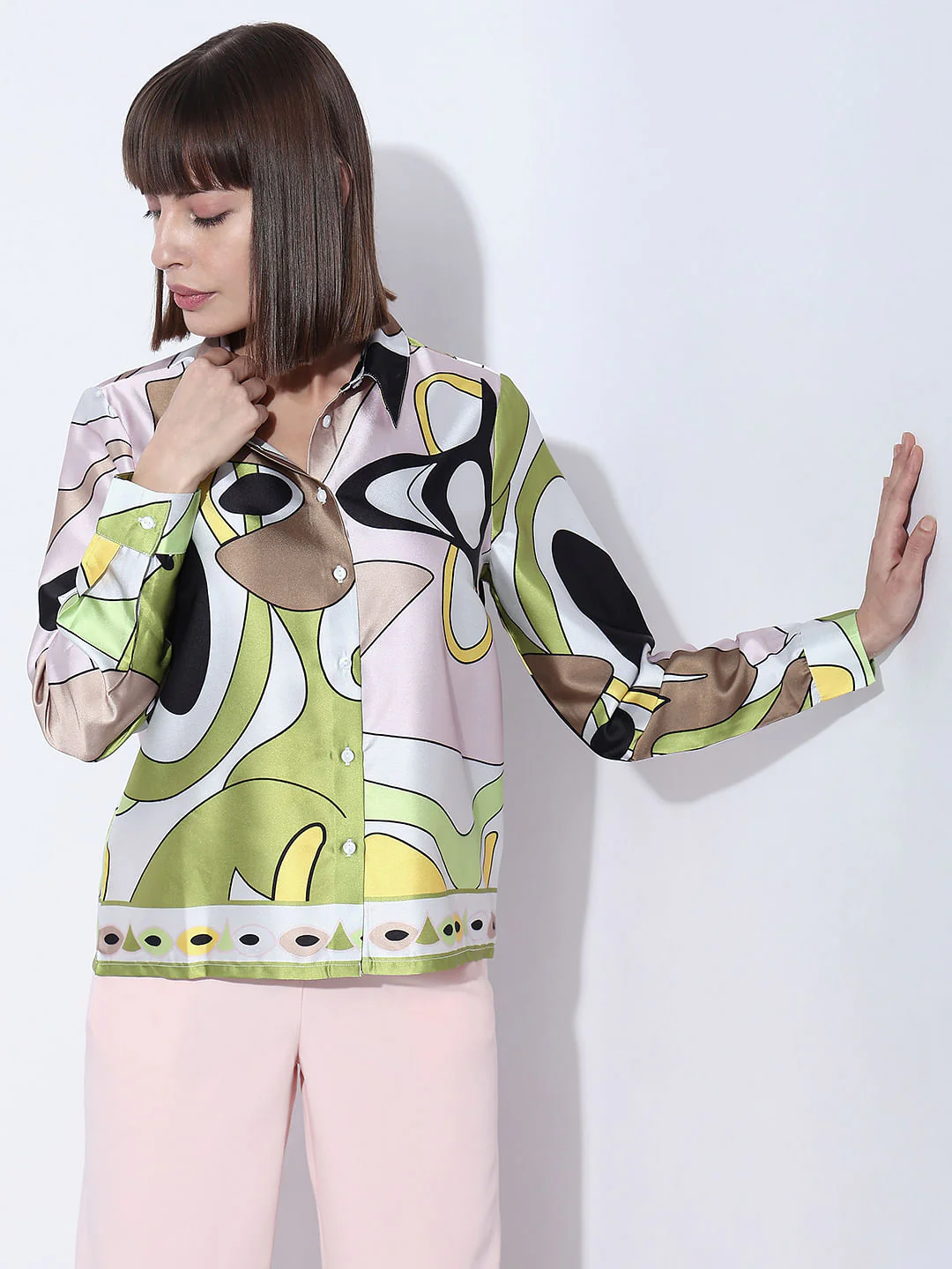 Green Abstract Print Satin Shirt - Image 2