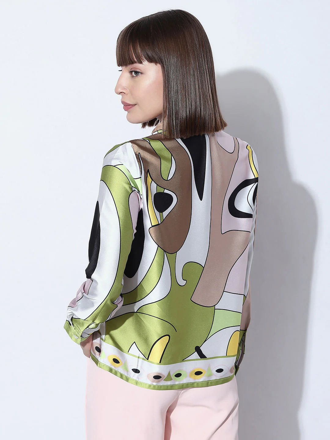 Green Abstract Print Satin Shirt - Image 4