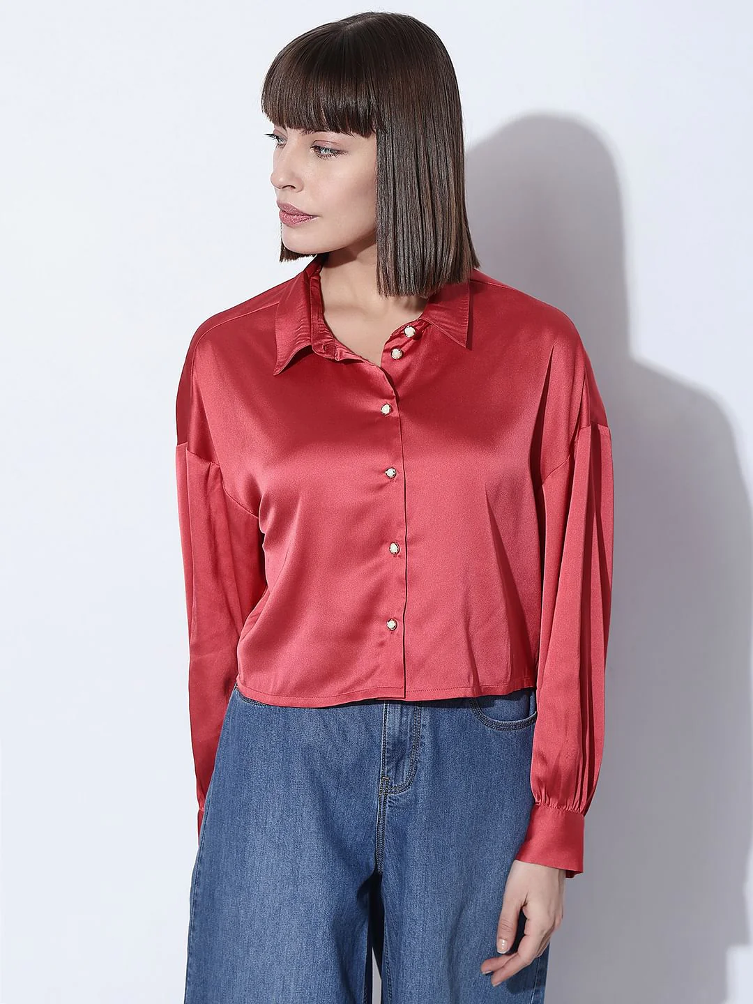 Red Satin Cropped Shirt - Image 2