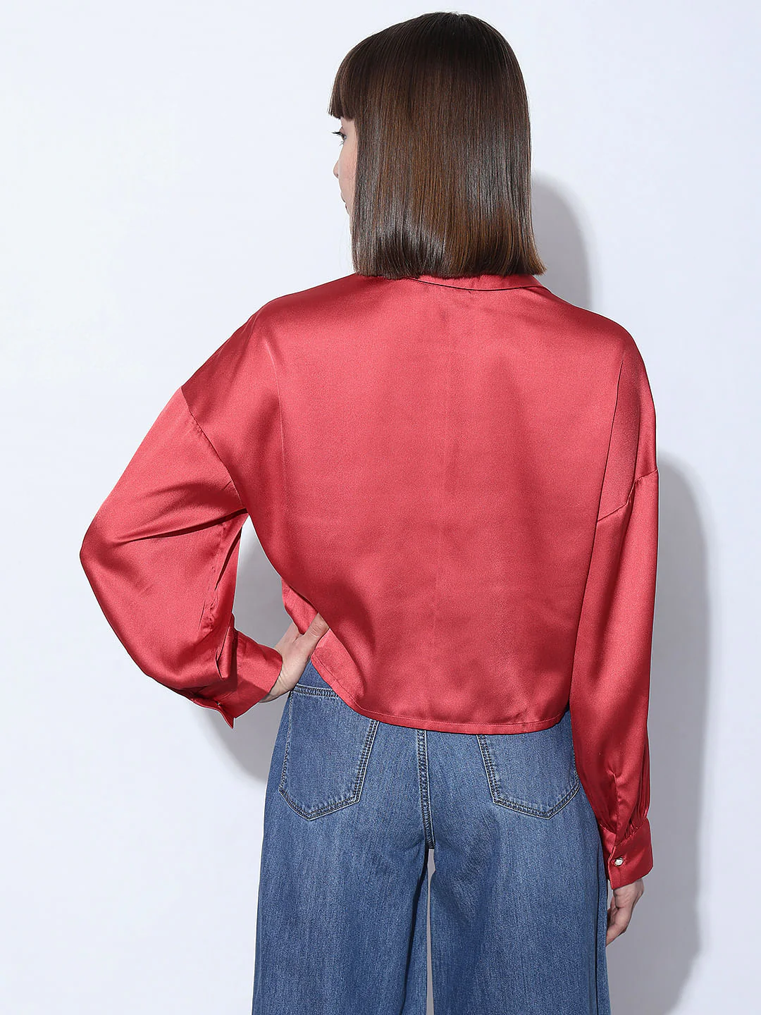 Red Satin Cropped Shirt - Image 4