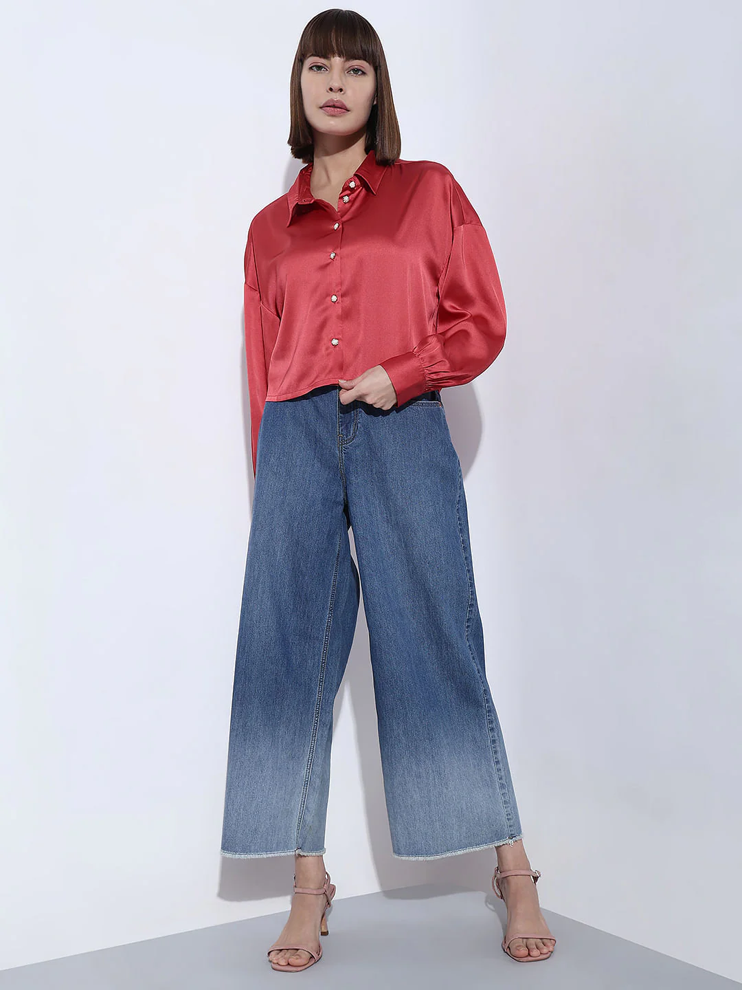 Red Satin Cropped Shirt - Image 5