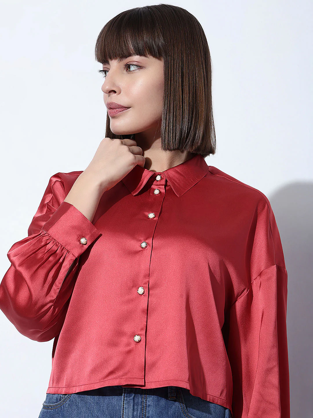 Red Satin Cropped Shirt - Image 6