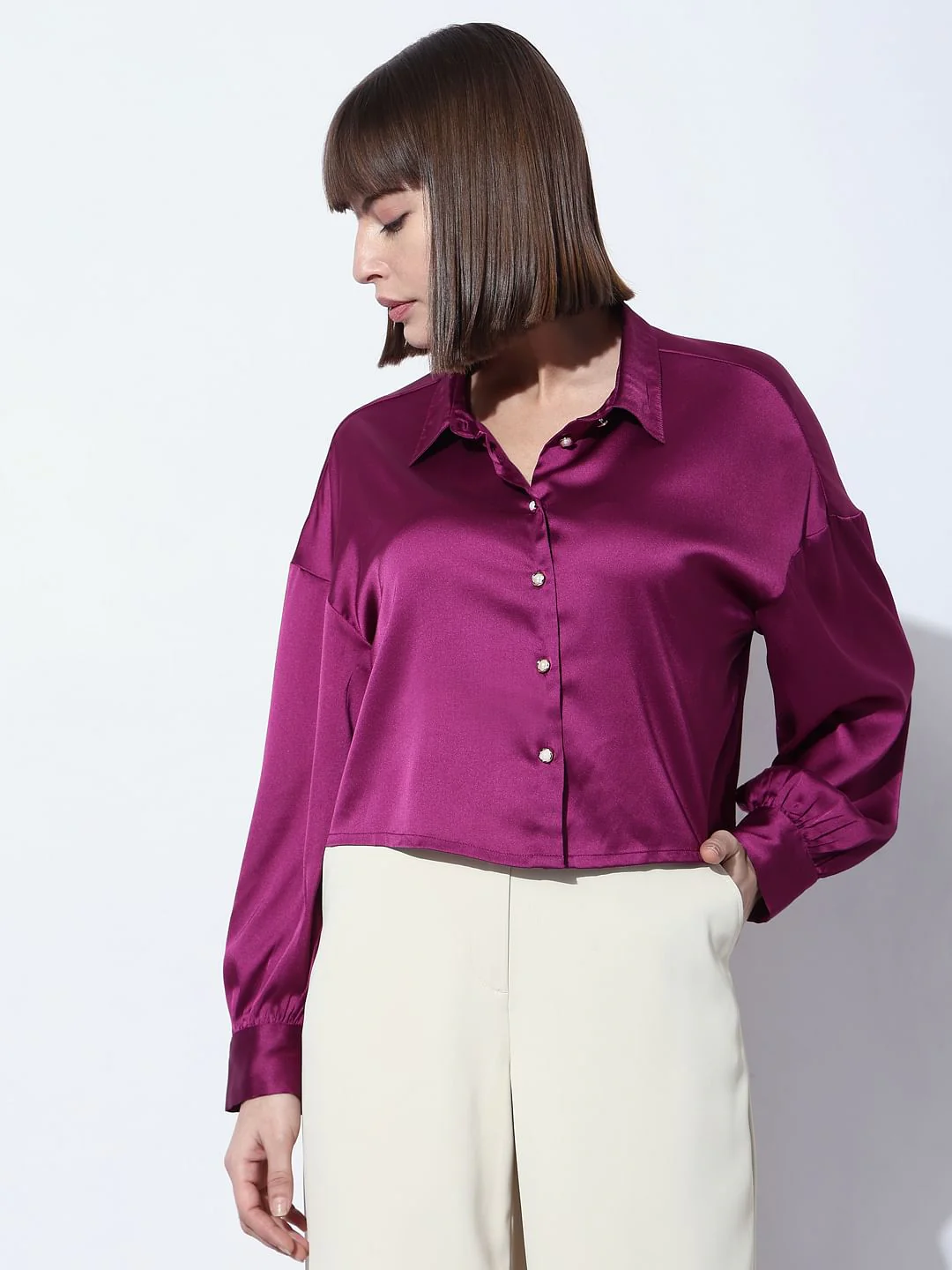 Purple Satin Cropped Shirt - Image 2