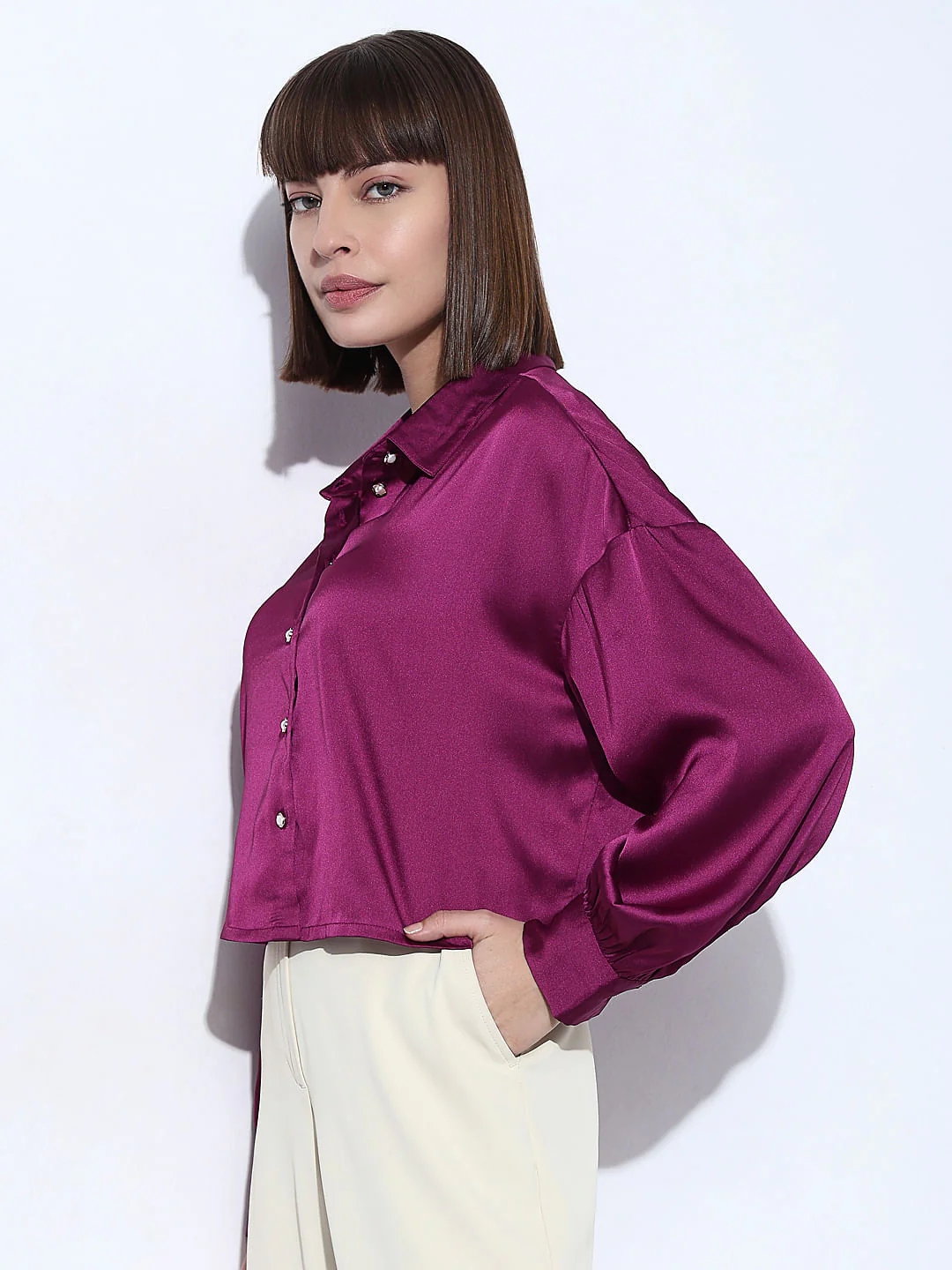 Purple Satin Cropped Shirt - Image 3