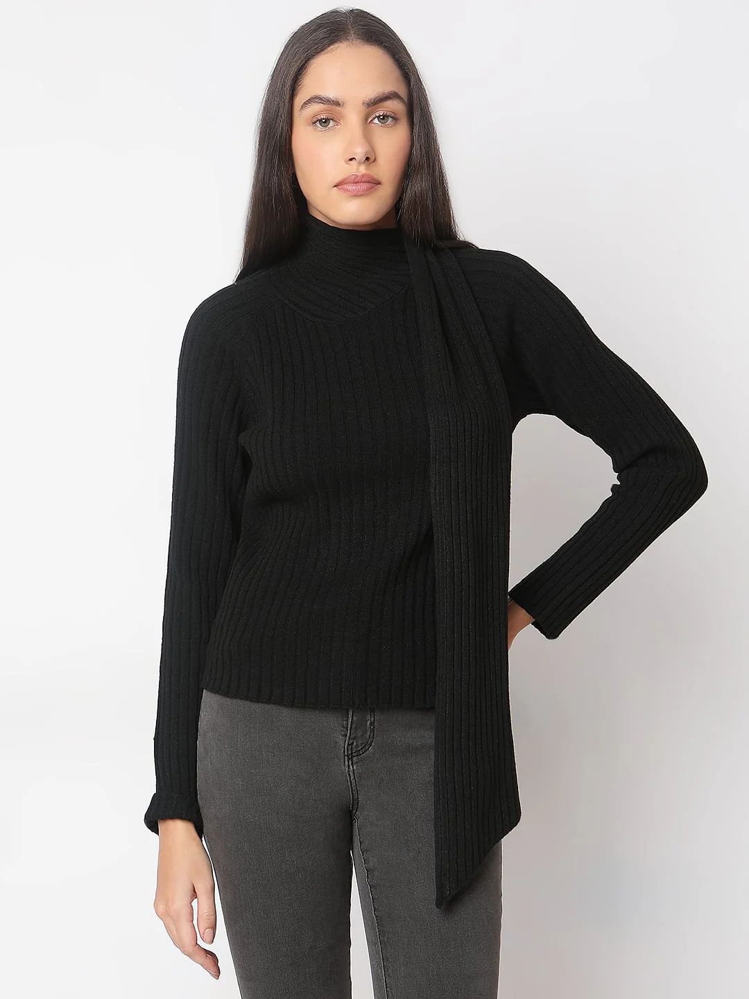 Black Ribbed Wrap Neck Top - Image 2