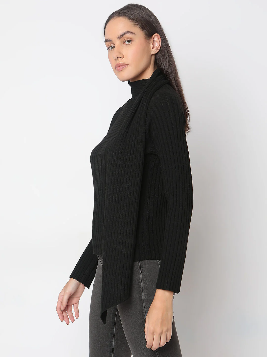 Black Ribbed Wrap Neck Top - Image 3
