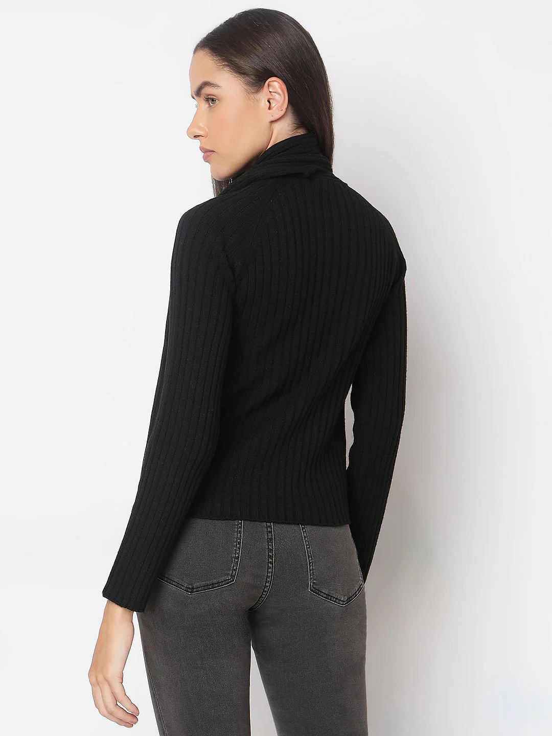 Black Ribbed Wrap Neck Top - Image 4