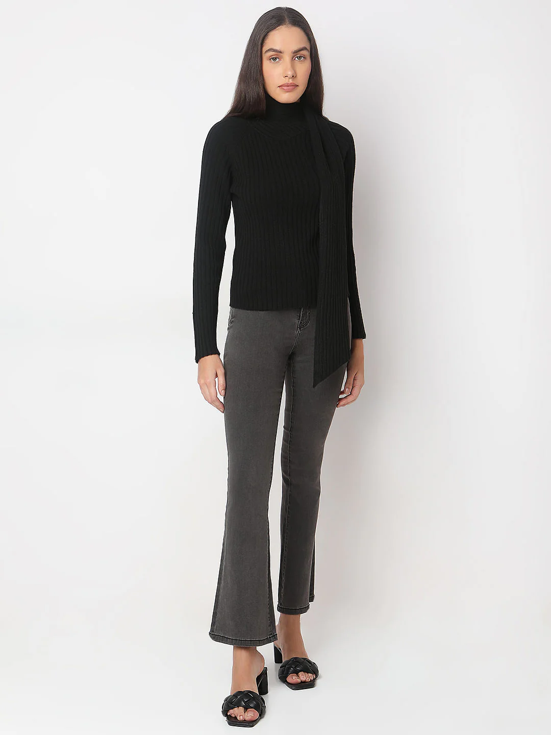 Black Ribbed Wrap Neck Top - Image 5