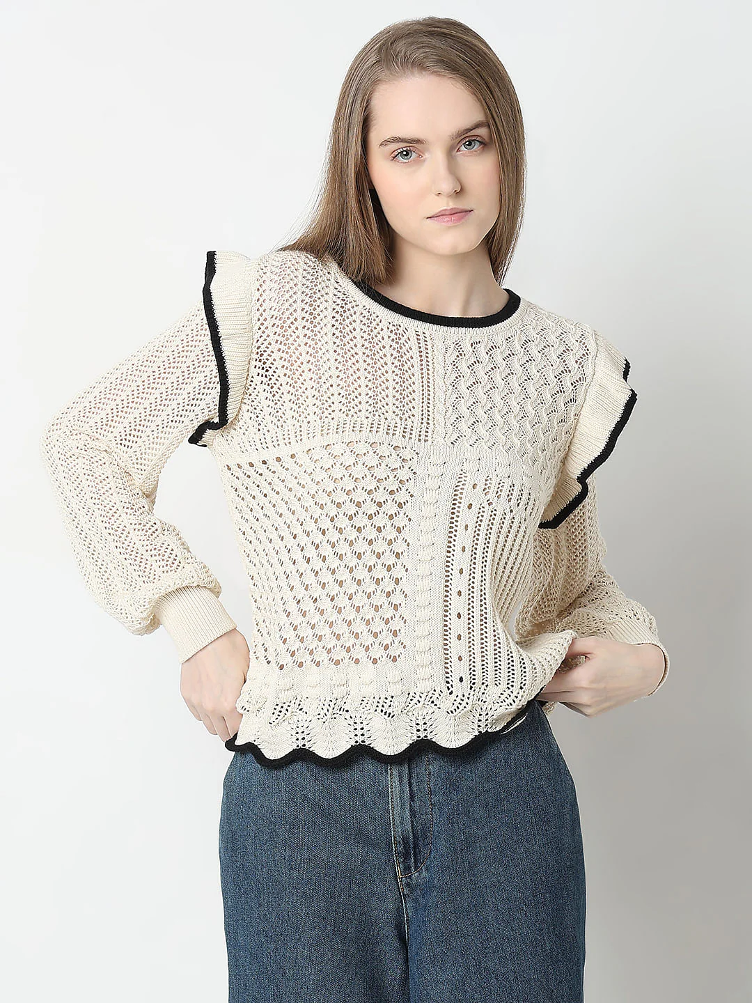 Beige Textured Ribbed Pullover - Image 2