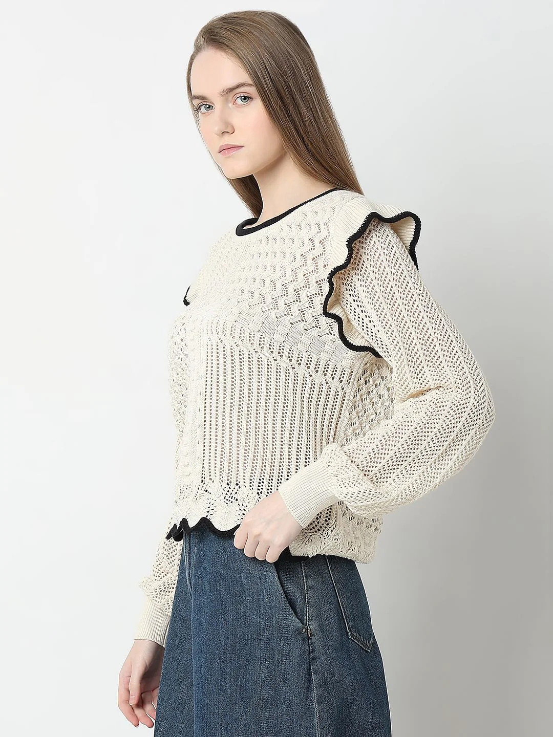 Beige Textured Ribbed Pullover - Image 3