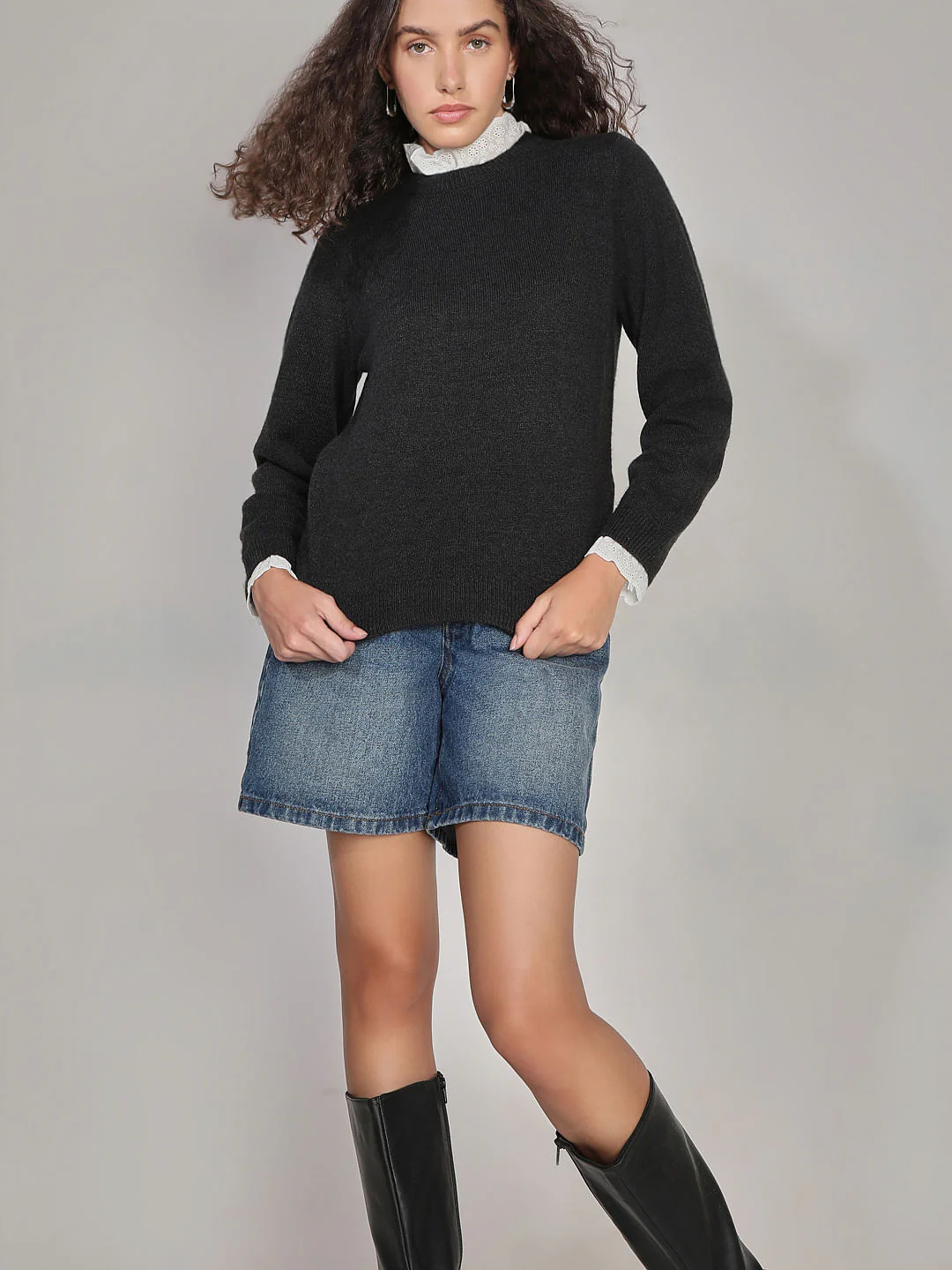Black Schiffli Lace Collar Pullover