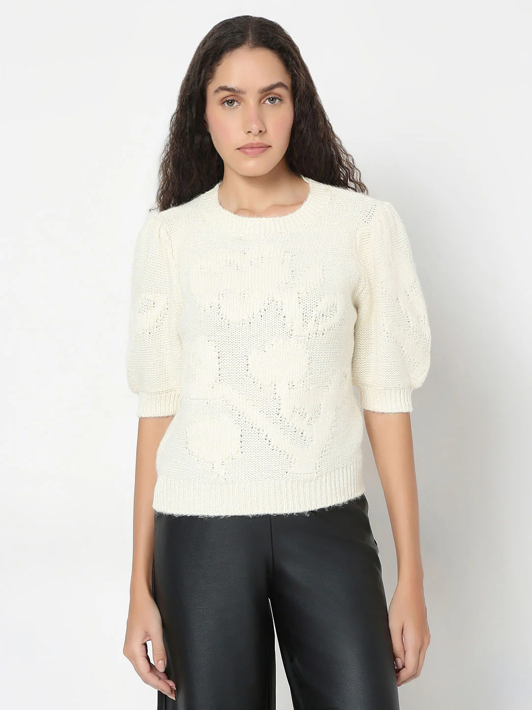 Cream O-Neck Puff Sleeves Pullover - Image 2