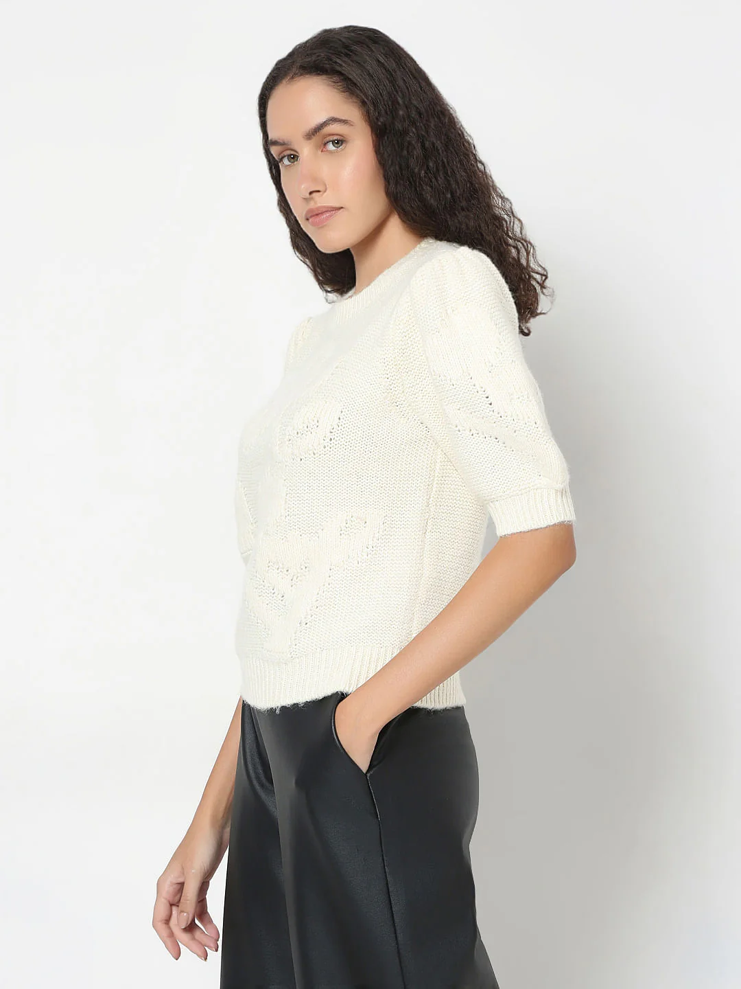 Cream O-Neck Puff Sleeves Pullover - Image 3