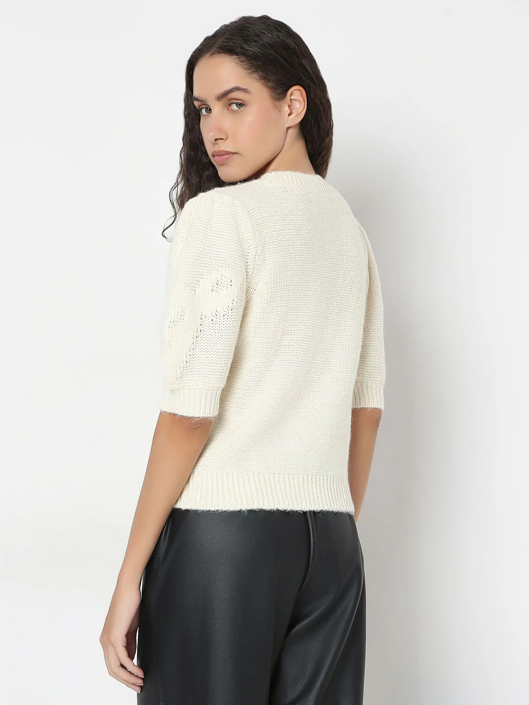 Cream O-Neck Puff Sleeves Pullover - Image 4