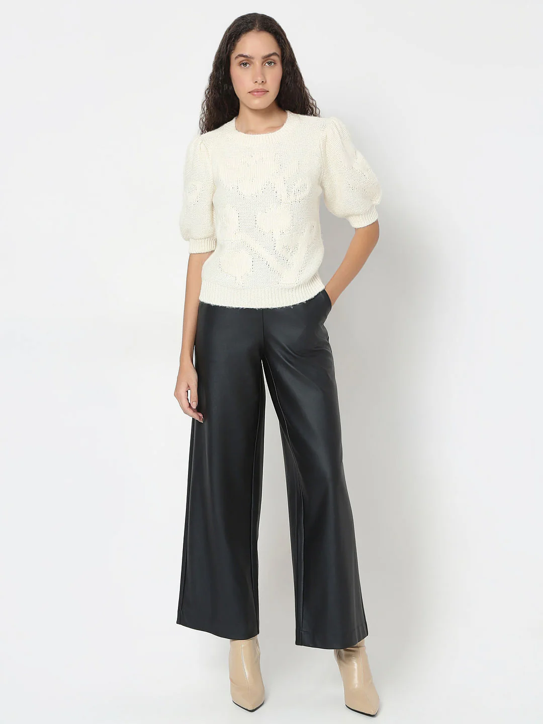 Cream O-Neck Puff Sleeves Pullover - Image 5