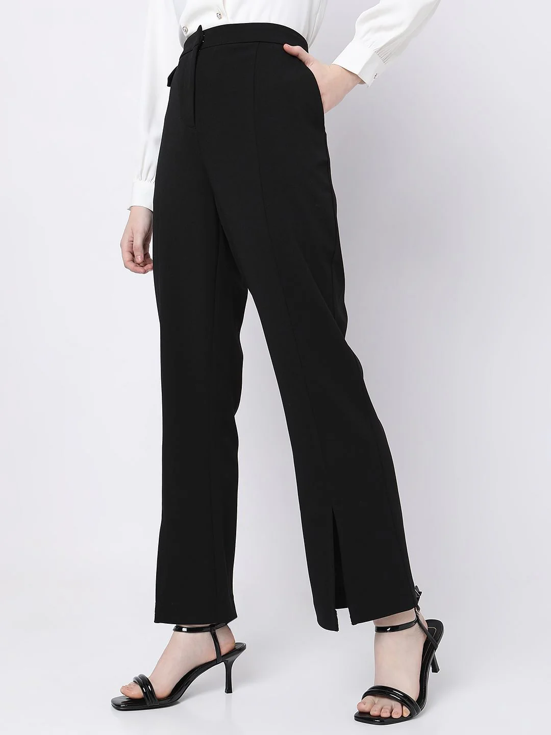 Black High Rise Front Slit Pants - Image 3