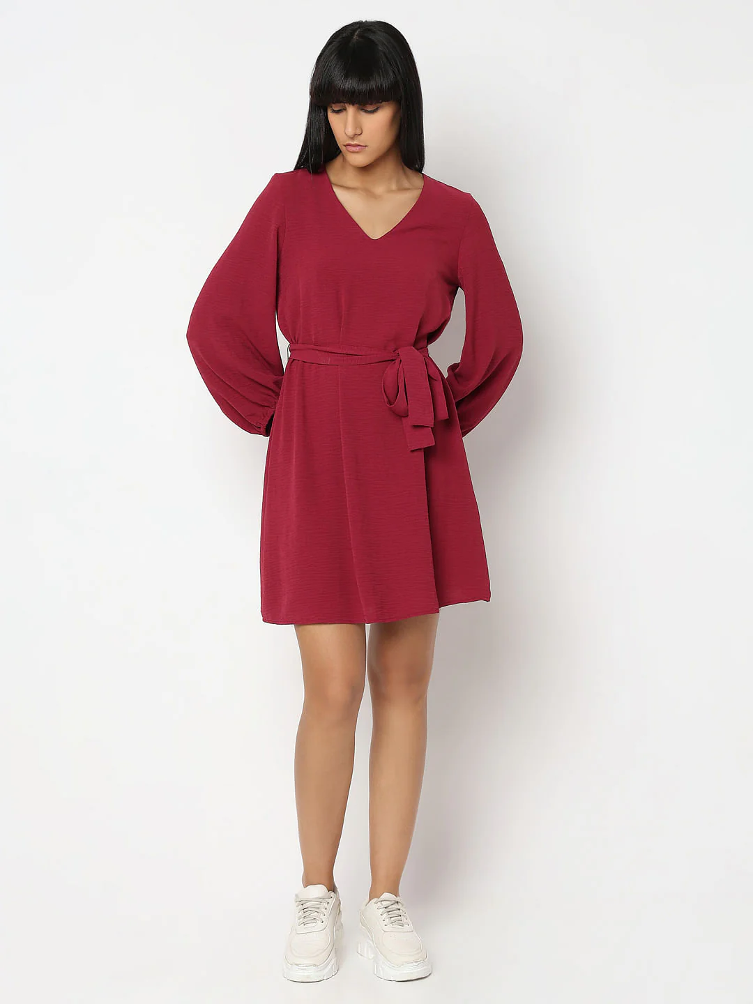 Red V-Neck Fit & Flare Dress - Image 5