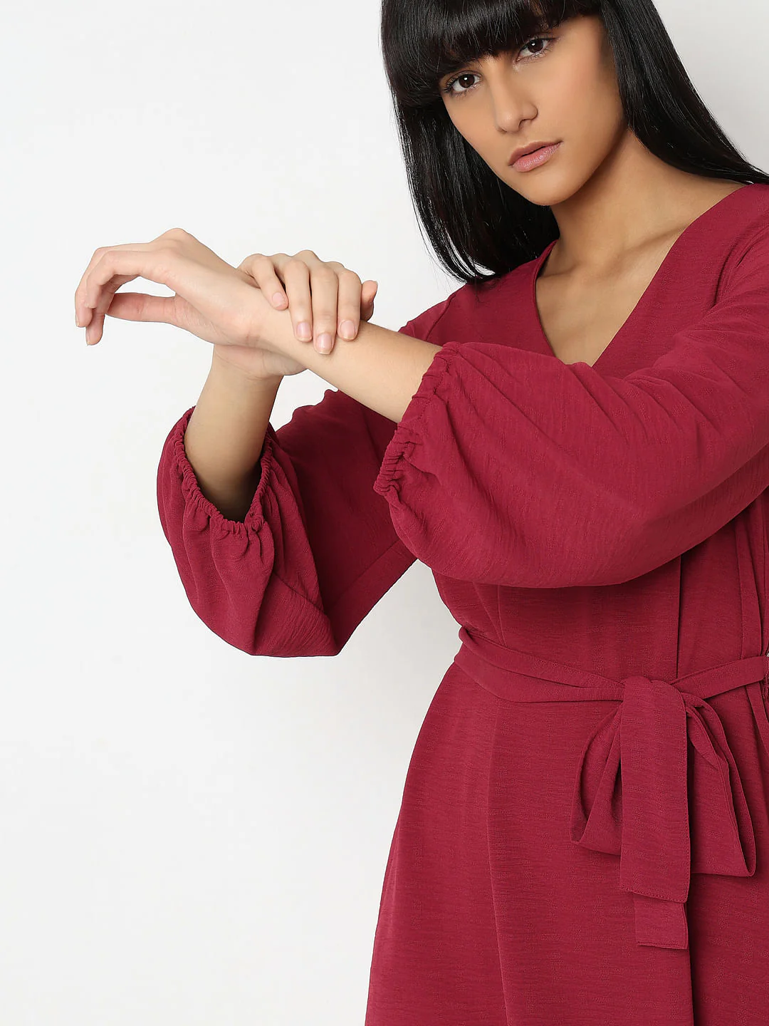 Red V-Neck Fit & Flare Dress - Image 6