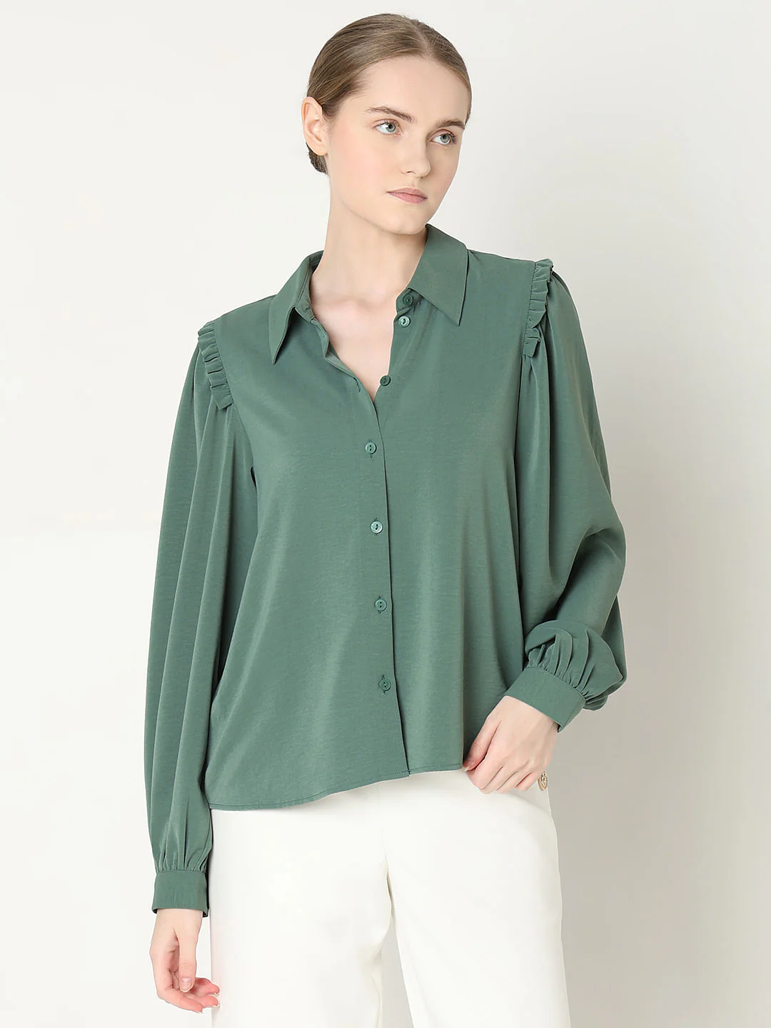Green Frill Full Sleeves Shirt - Image 2