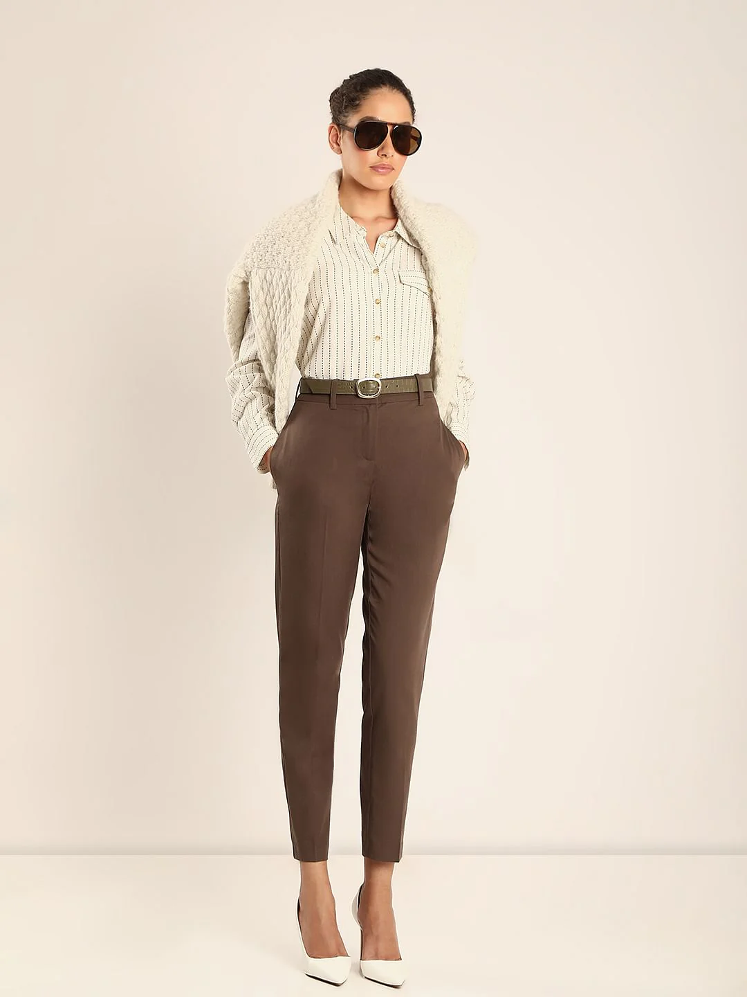 Brown Ankle Length Tapered Fit Pants