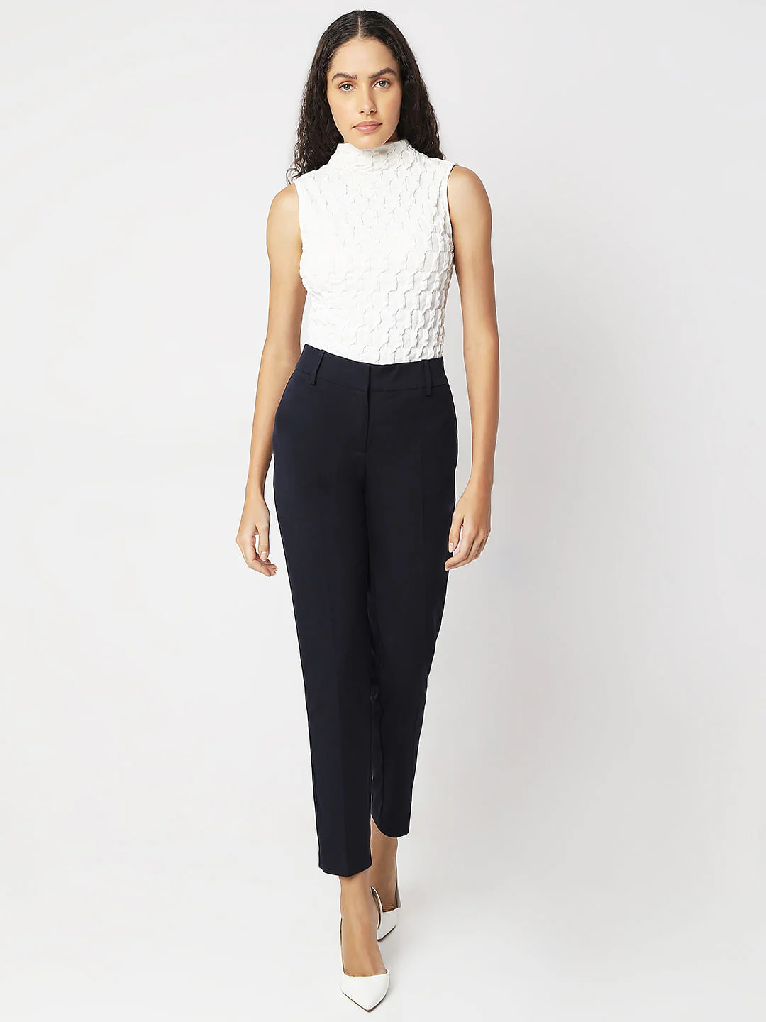 Navy Blue Ankle Length Tapered Fit Pants - Image 5