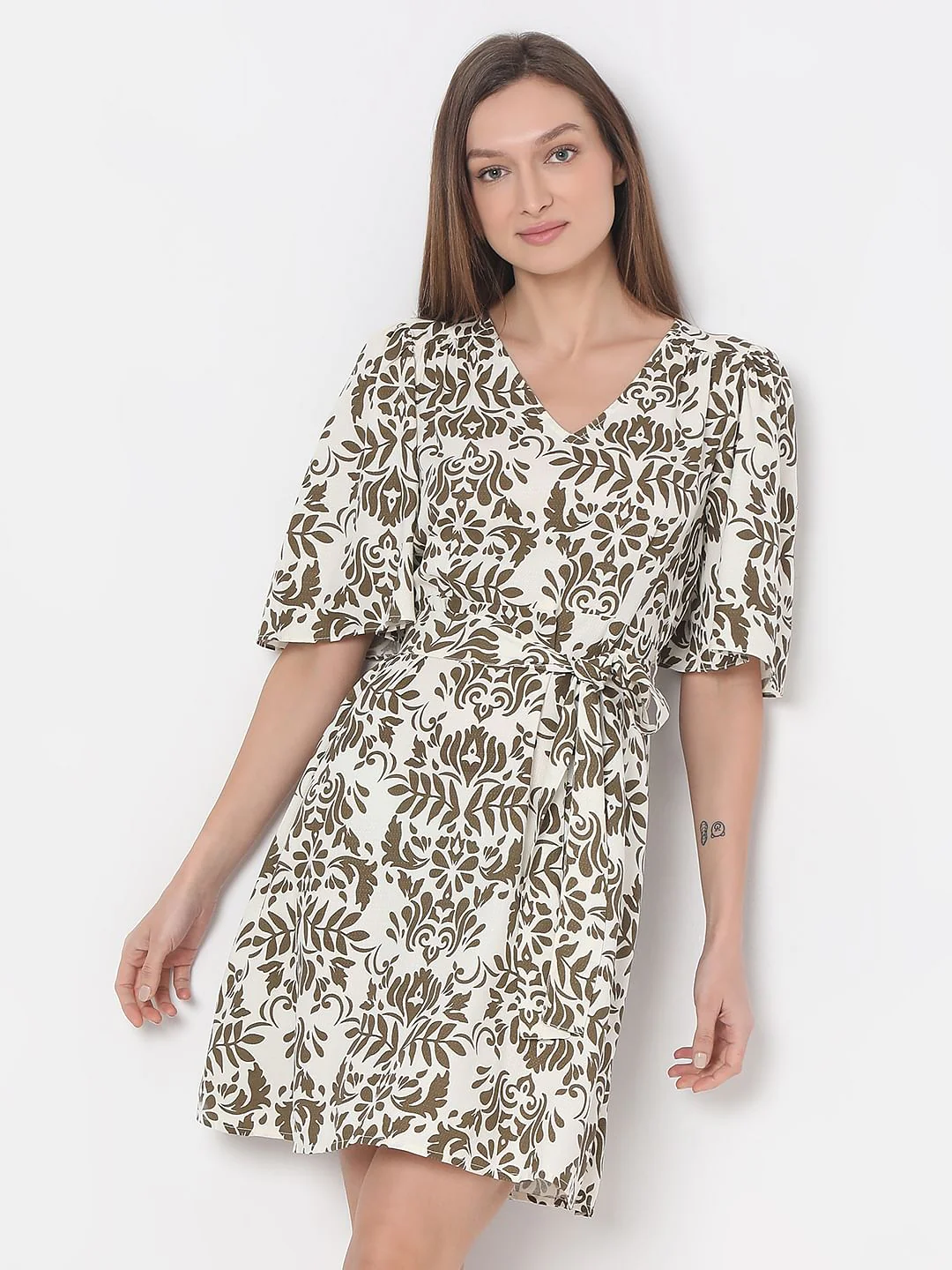 White & Green Printed Fit & Flare Dress - Image 2