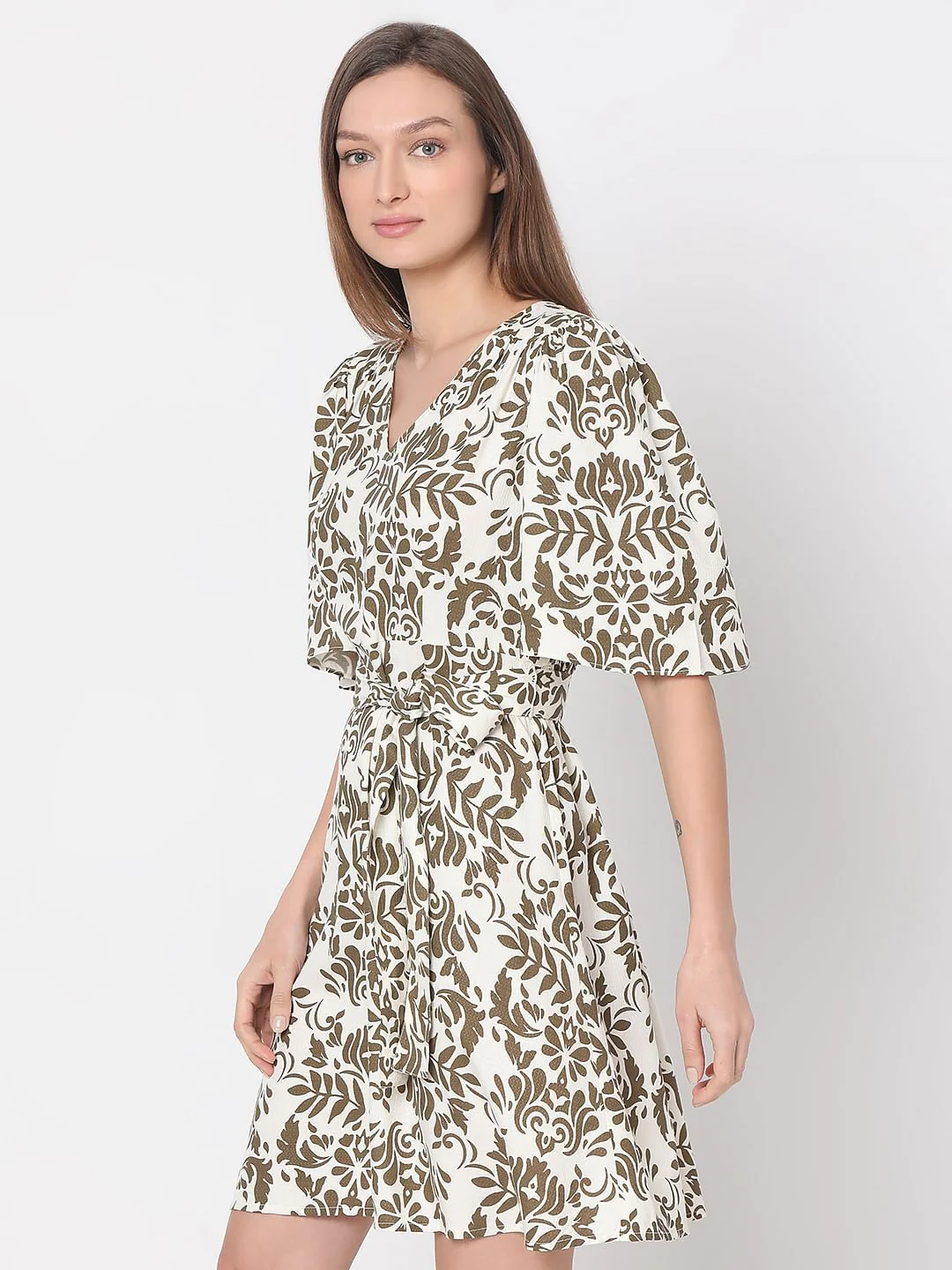 White & Green Printed Fit & Flare Dress - Image 3