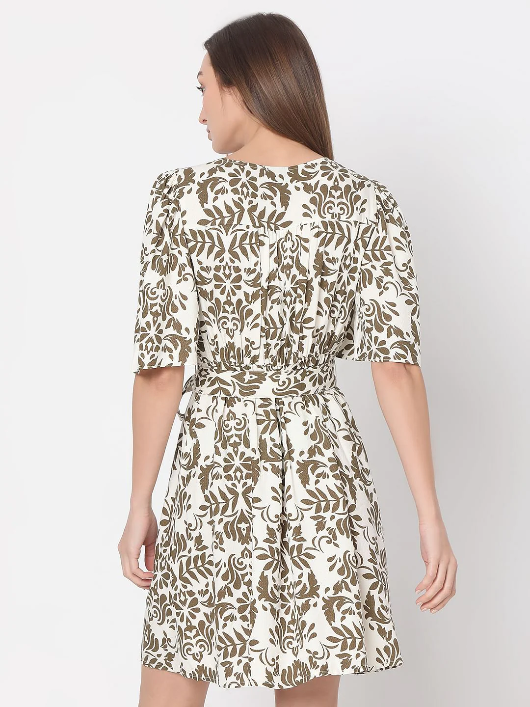 White & Green Printed Fit & Flare Dress - Image 4