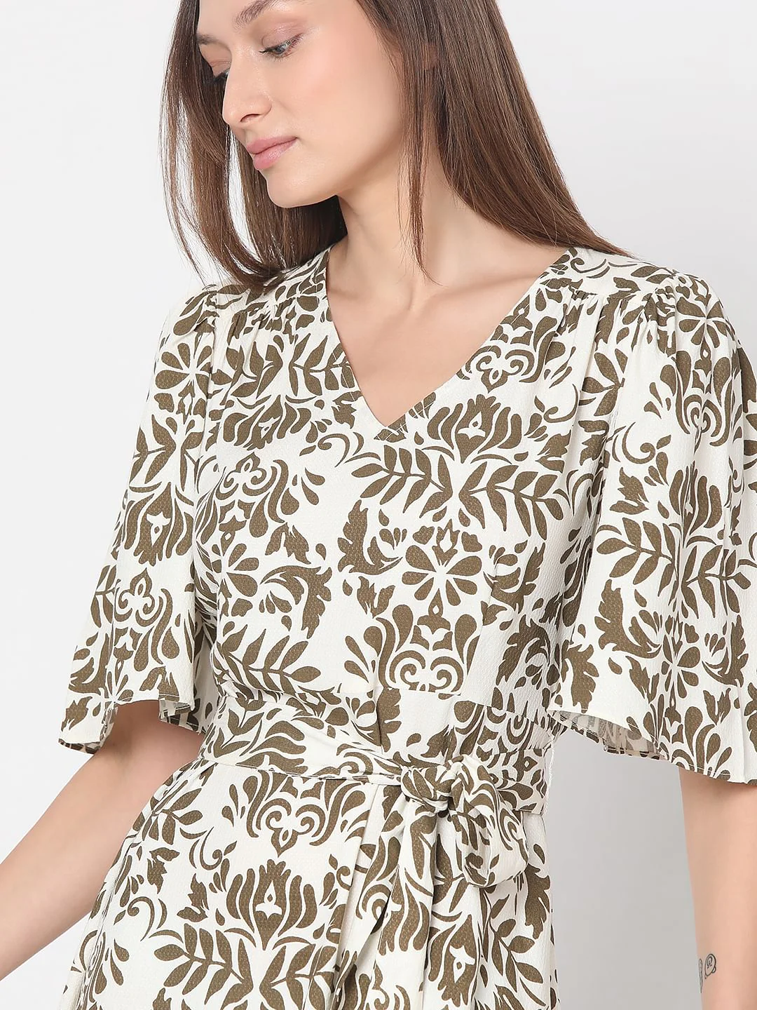White & Green Printed Fit & Flare Dress - Image 6